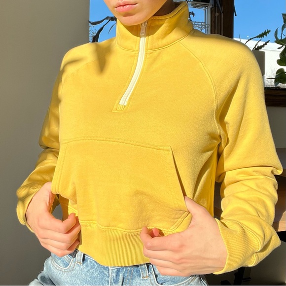 Brandy Melville John Galt Yellow Cropped Half Zip Sweatshirt - Picture 3 of 6